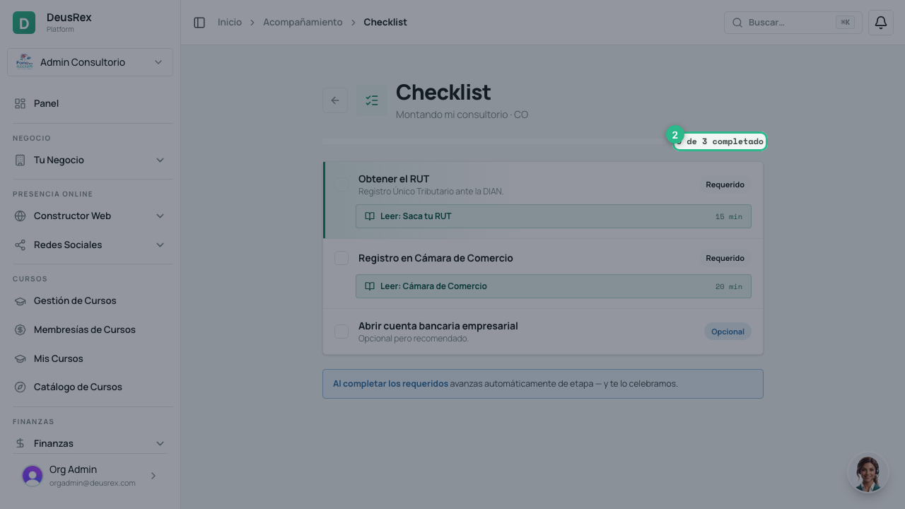 Checklist de la etapa con su progreso