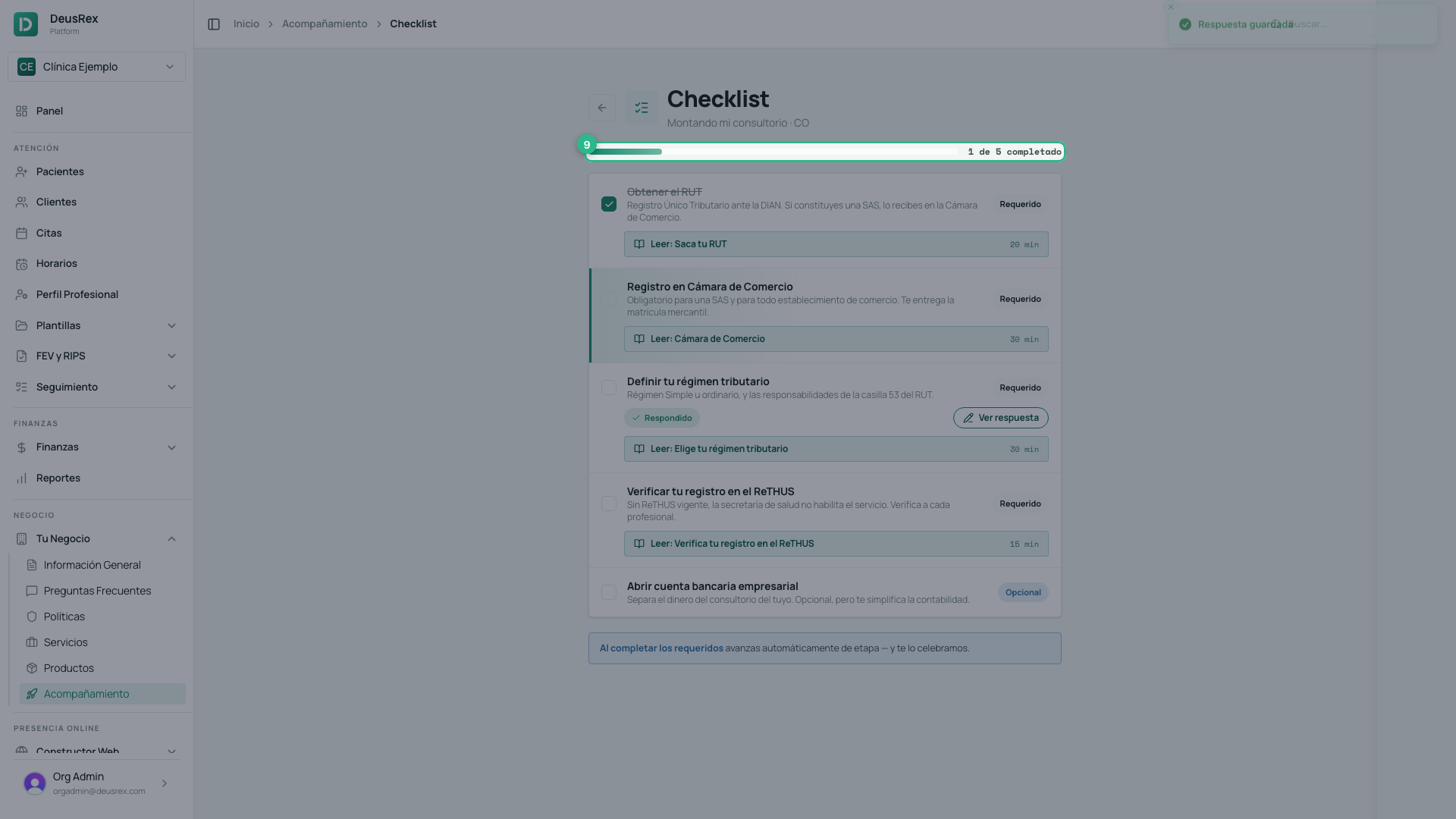 Checklist de la etapa con su progreso