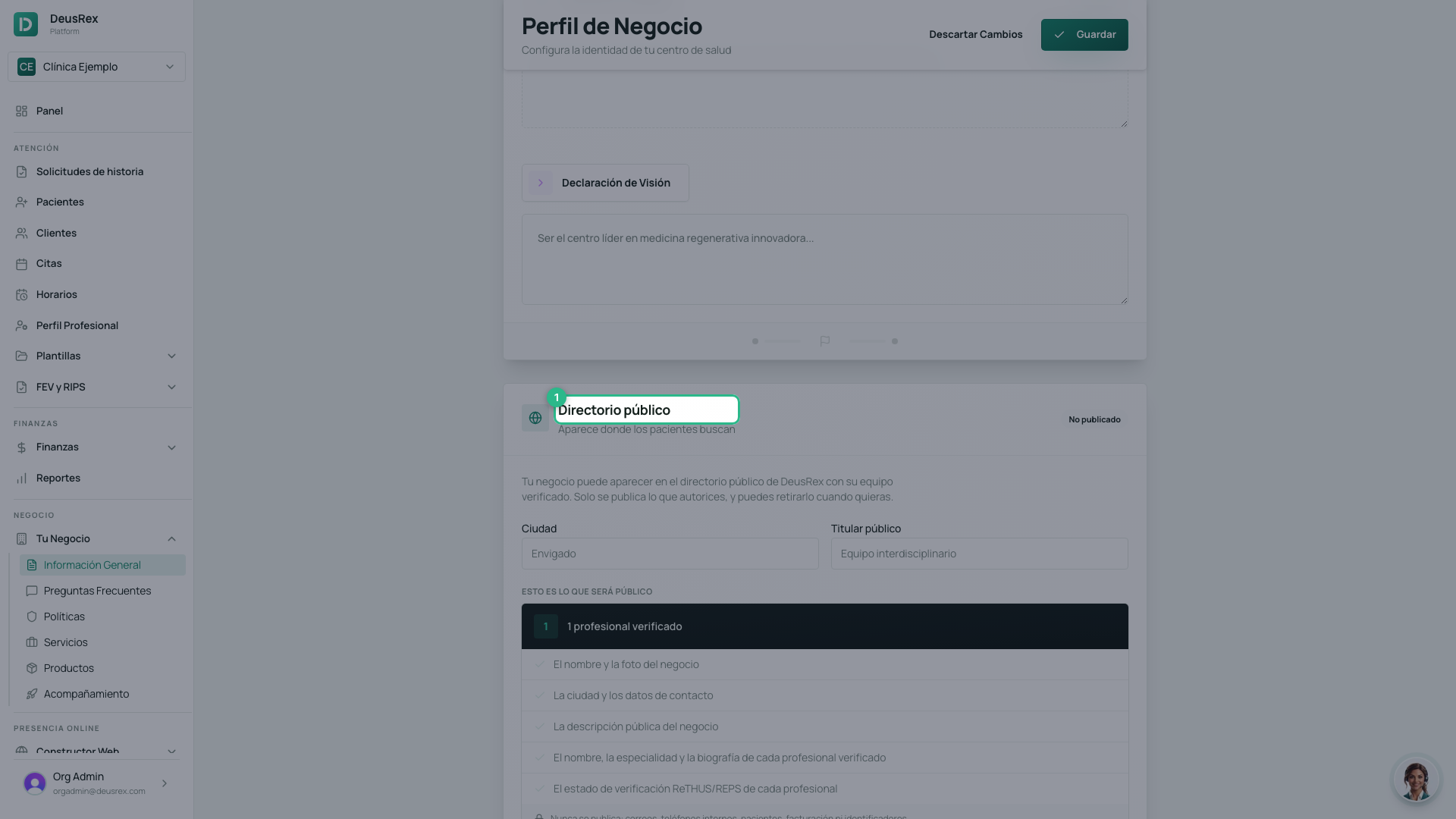 La sección Directorio público, al final de Tu negocio → General