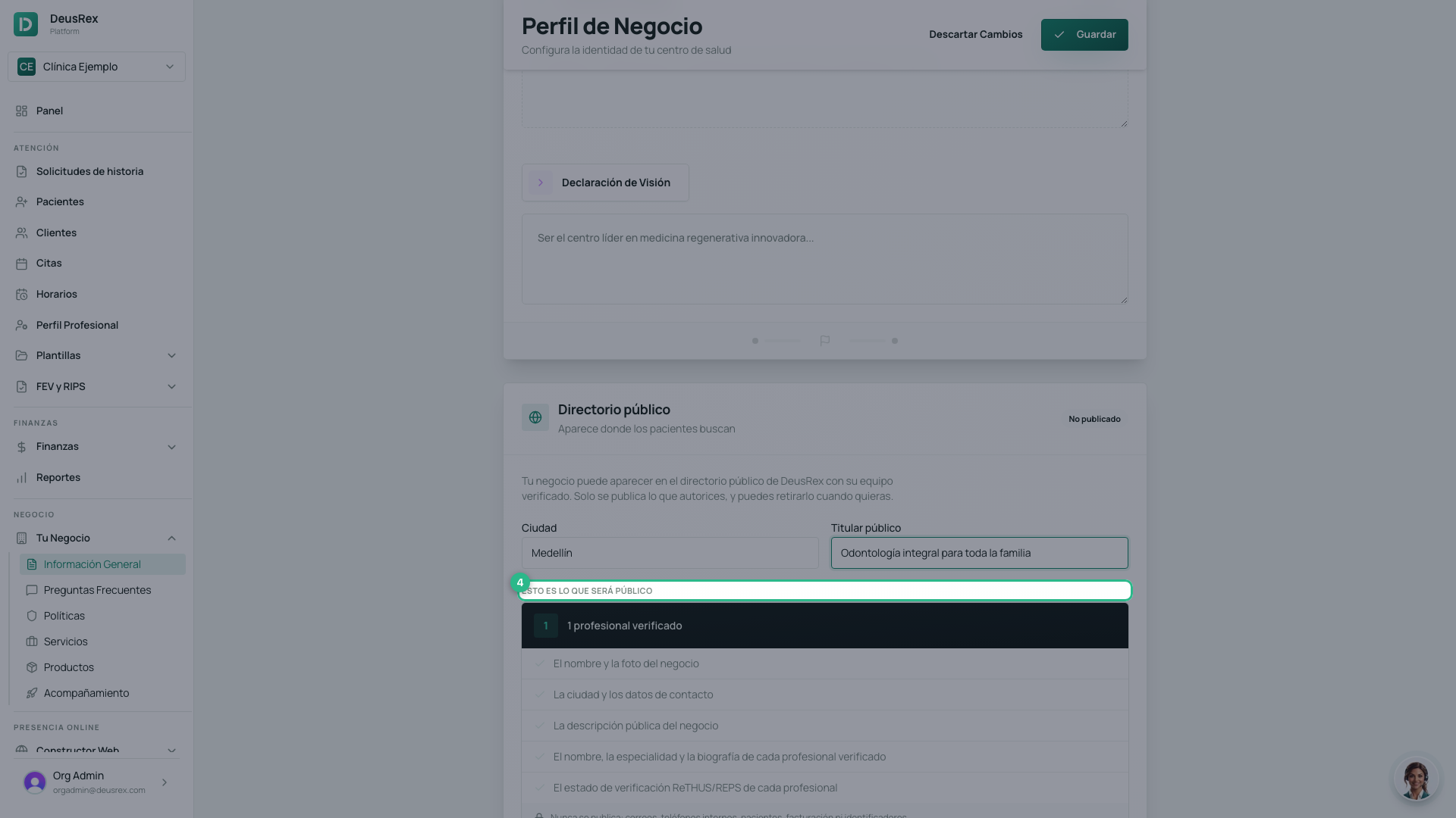 El bloque que enumera cada campo que se hará público
