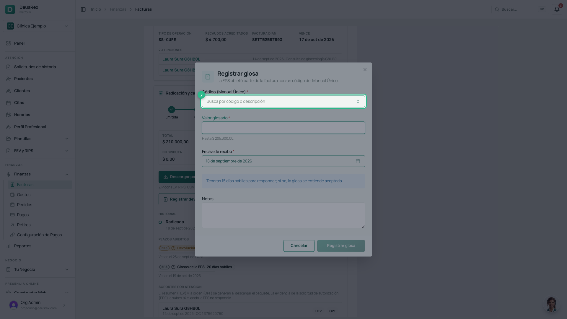 Registrar glosa